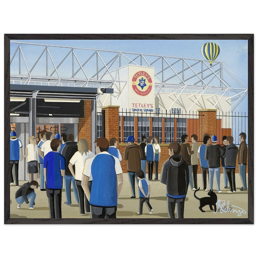 Leeds Rhinos Headingley rugby stadium scene by artist Andrew Robinson andrewrobinsonart.com. Available in fine art print, poster, canvas prints and mugs etc