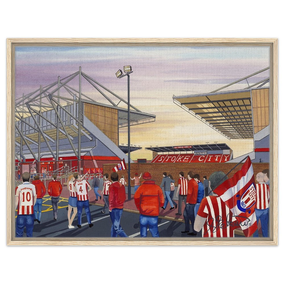 Thumbnail: Stoke City F.C Football Stadium By Artist Andrew Robinson andrewrobinsonart.com, Andrew Robinson art .Framed Fine Art Prints, Posters, Canvas Prints, Framed canvas prints, Ceramic Mugs etc sport, football, rugby, NFL