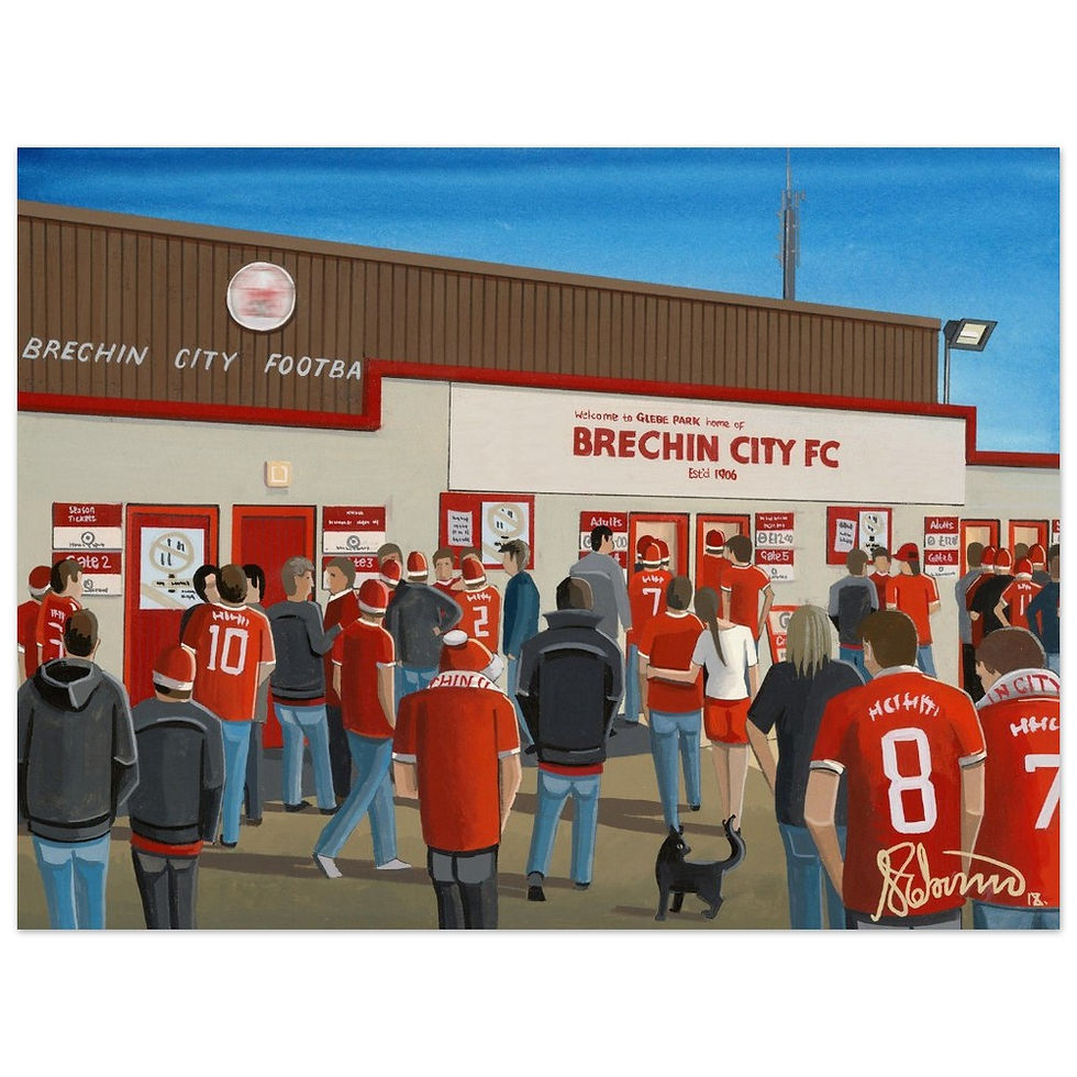 Brechin City FC Glebe Park  football stadium scene by artist Andrew Robinson andrewrobinsonart.com. Available in fine art print, poster, canvas prints and mugs etc