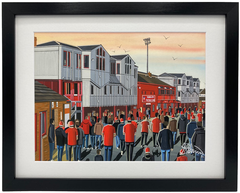 York City FC Retro Bootham Crescent Football Stadium Scene by artist Andrew Robinson andrewrobinsonart.com. Available in fine art print, poster, canvas prints and mugs etc