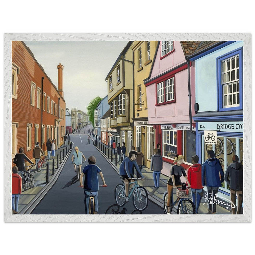 Thumbnail: Magdalene Street Magdalene College, Cambridge, Cambridgeshire by artist Andrew Robinson andrewrobinsonart.com. Available in fine art print, poster, canvas prints and mugs etc