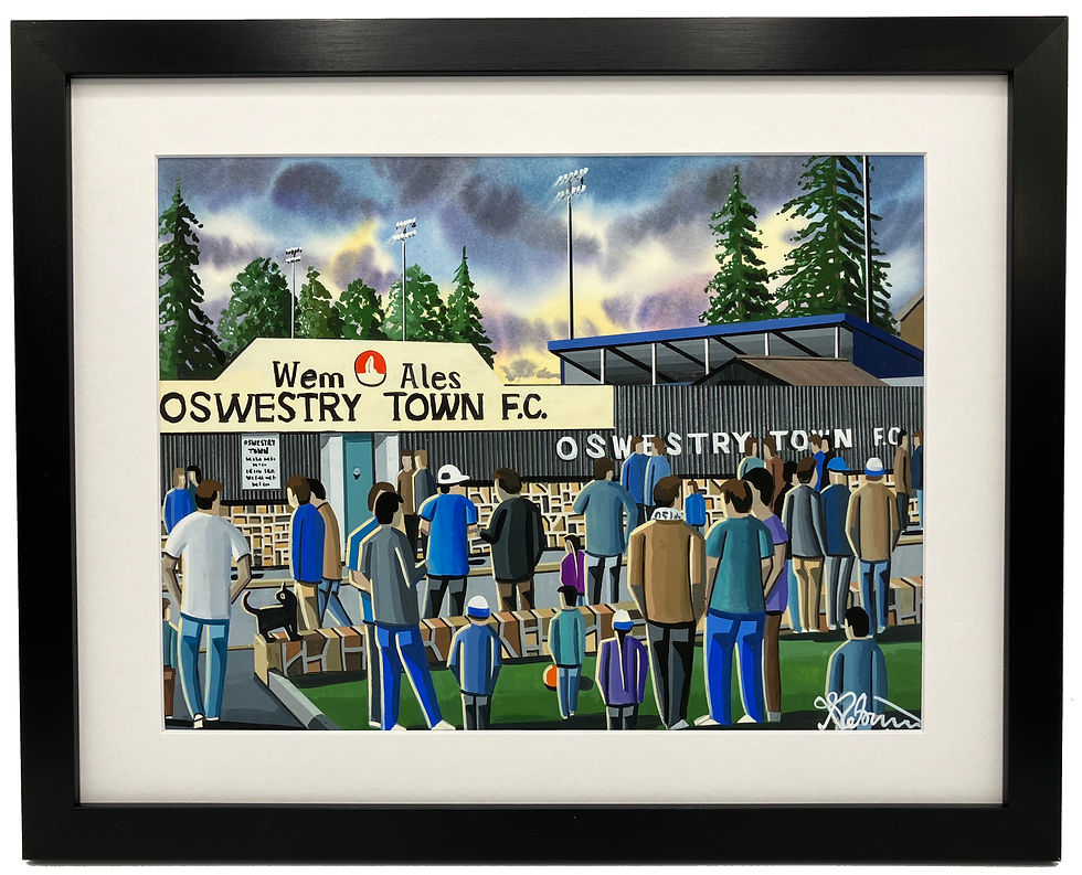 Oswestry Town F.C Victoria Road Stadium By Artist Andrew Robinson andrewrobinsonart.com, Andrew Robinson art .Framed Fine Art Prints, Posters, Canvas Prints, Framed canvas prints, Ceramic Mugs etc sport, football, rugby, NFL