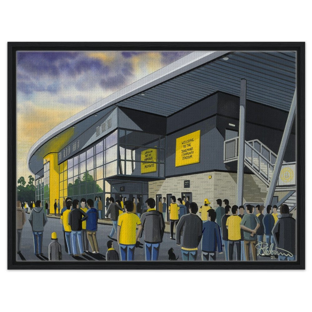 Boston United F.c, Jakemans Community Stadium . Football Framed Canvas Print. Ceramic Mugs, Fine Art Prints and posters etc By Artist Andrew Robinson. andrewrobinsonart.com