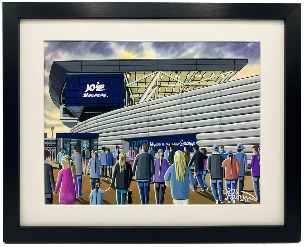 Manchester City WFC Academy football stadium. Ready to hang framed & mounted Utd United art print. Ideal wall art football club F.C memorabilia gift for birthdays, Christmas, Father’s Day. Perfect addition to any home or office. By artist Andrew Robinson.
