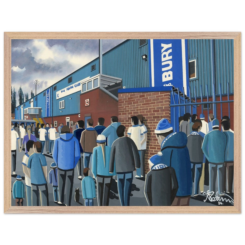 Thumbnail: Bury FC Gigg Lane Football Stadium Scene by artist Andrew Robinson andrewrobinsonart.com. Available in fine art print, poster, canvas prints and mugs etc 