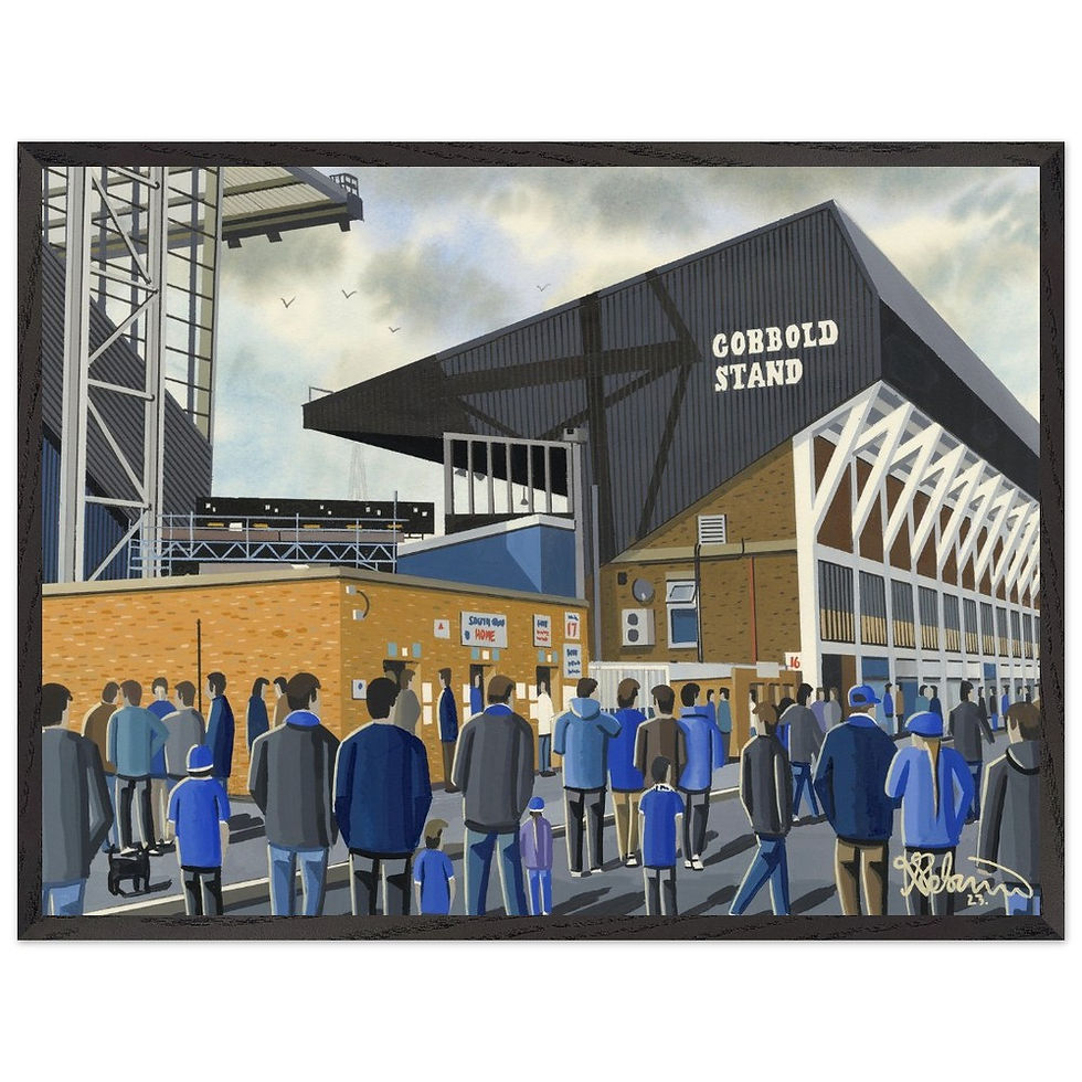 Ipswich Town FC Retro Portman Road Football Stadium Scene by artist Andrew Robinson andrewrobinsonart.com. Available in fine art print, poster, canvas prints and mugs etc