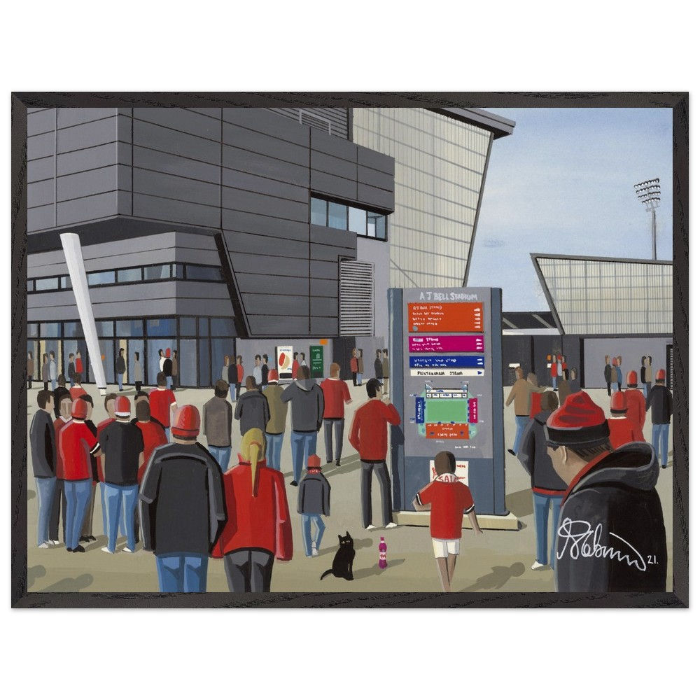 Salford Red Devils A J Bell rugby stadium scene by artist Andrew Robinson andrewrobinsonart.com. Available in fine art print, poster, canvas prints and mugs etc