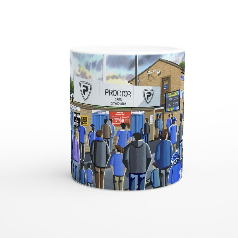 Thumbnail: Matlock Town FC Causeway Lane Football Stadium Scene by artist Andrew Robinson andrewrobinsonart.com. Available in fine art print, poster, canvas prints and mugs etc 