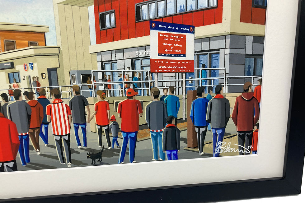 Thumbnail: Dorking Wanderers FC Meadowbank Stadium Scene by artist Andrew Robinson andrewrobinsonart.com. Available in fine art print, poster, canvas prints and mugs etc 