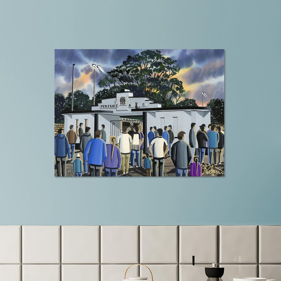 Thumbnail: Penzance AFC, Penlee Park Stadium By Artist Andrew Robinson andrewrobinsonart.com, Andrew Robinson art. Framed Fine Art Prints, Posters, Canvas Prints, Framed canvas prints, Ceramic Mugs etc sport, football, rugby, NFL