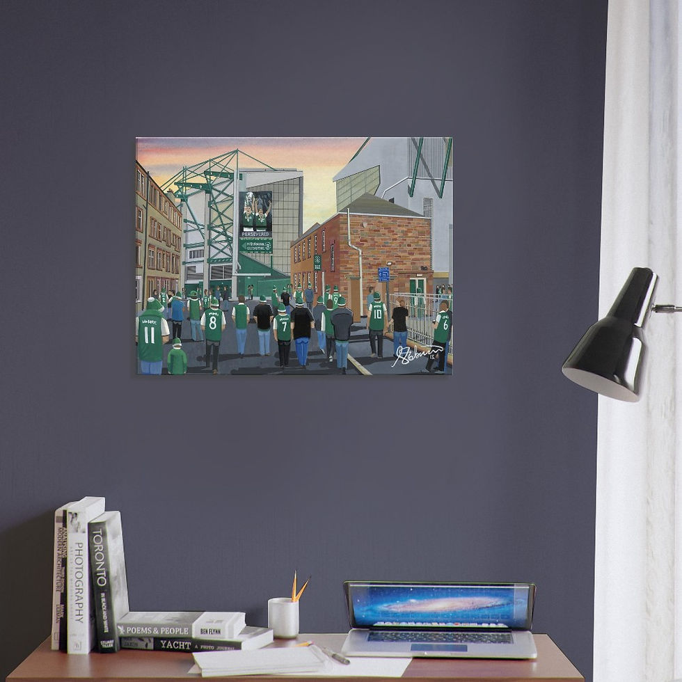 Thumbnail: Hibernian F.C, Football  Stadium By Artist Andrew Robinson andrewrobinsonart.com, Andrew Robinson art .Framed Fine Art Prints, Posters, Canvas Prints, Framed canvas prints, Ceramic Mugs etc sport, football, rugby, NFL