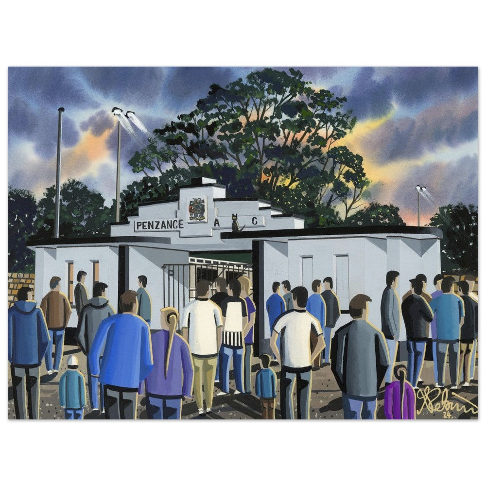 Penzance AFC, Penlee Park Stadium By Artist Andrew Robinson andrewrobinsonart.com, Andrew Robinson art. Framed Fine Art Prints, Posters, Canvas Prints, Framed canvas prints, Ceramic Mugs etc sport, football, rugby, NFL