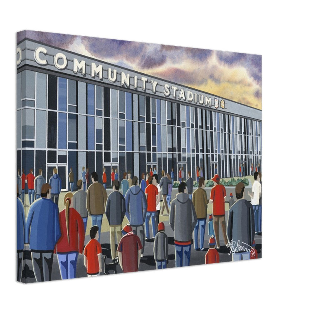 York City F.C. LNER Community Stadium By Artist Andrew Robinson andrewrobinsonart.com, Andrew Robinson art .Framed Fine Art Prints, Posters, Canvas Prints, Framed canvas prints, Ceramic Mugs etc sport, football, rugby, NFL