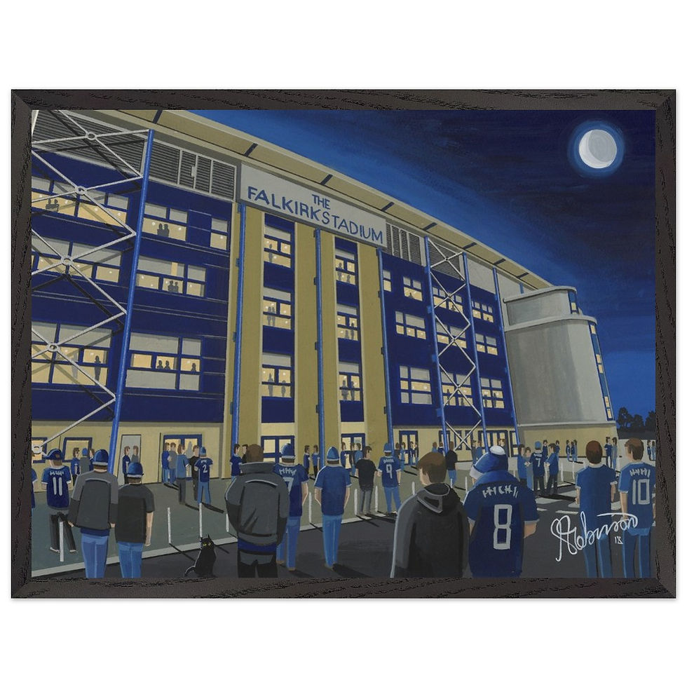 Thumbnail: Falkirk FC Falkirk football stadium scene by artist Andrew Robinson andrewrobinsonart.com. Available in fine art print, poster, canvas prints and mugs etc 