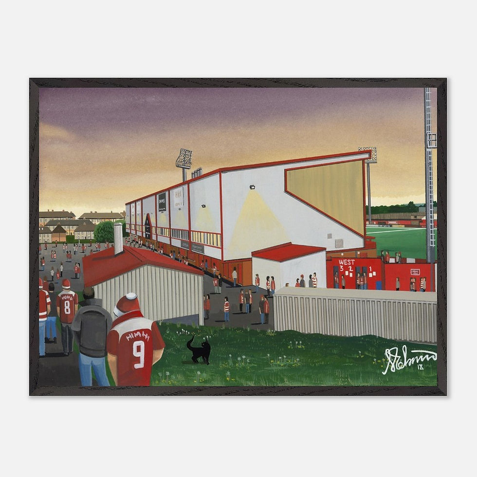 Thumbnail: Academical FC New Douglas Park football stadium scene by artist Andrew Robinson andrewrobinsonart.com. Available in fine art print, poster, canvas prints and mugs etc 