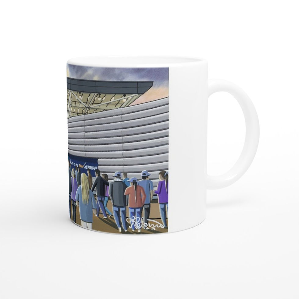 Thumbnail: Manchester City WFC  Academy football stadium scene by artist Andrew Robinson andrewrobinsonart.com. Available in fine art print, poster, canvas prints and mugs etc