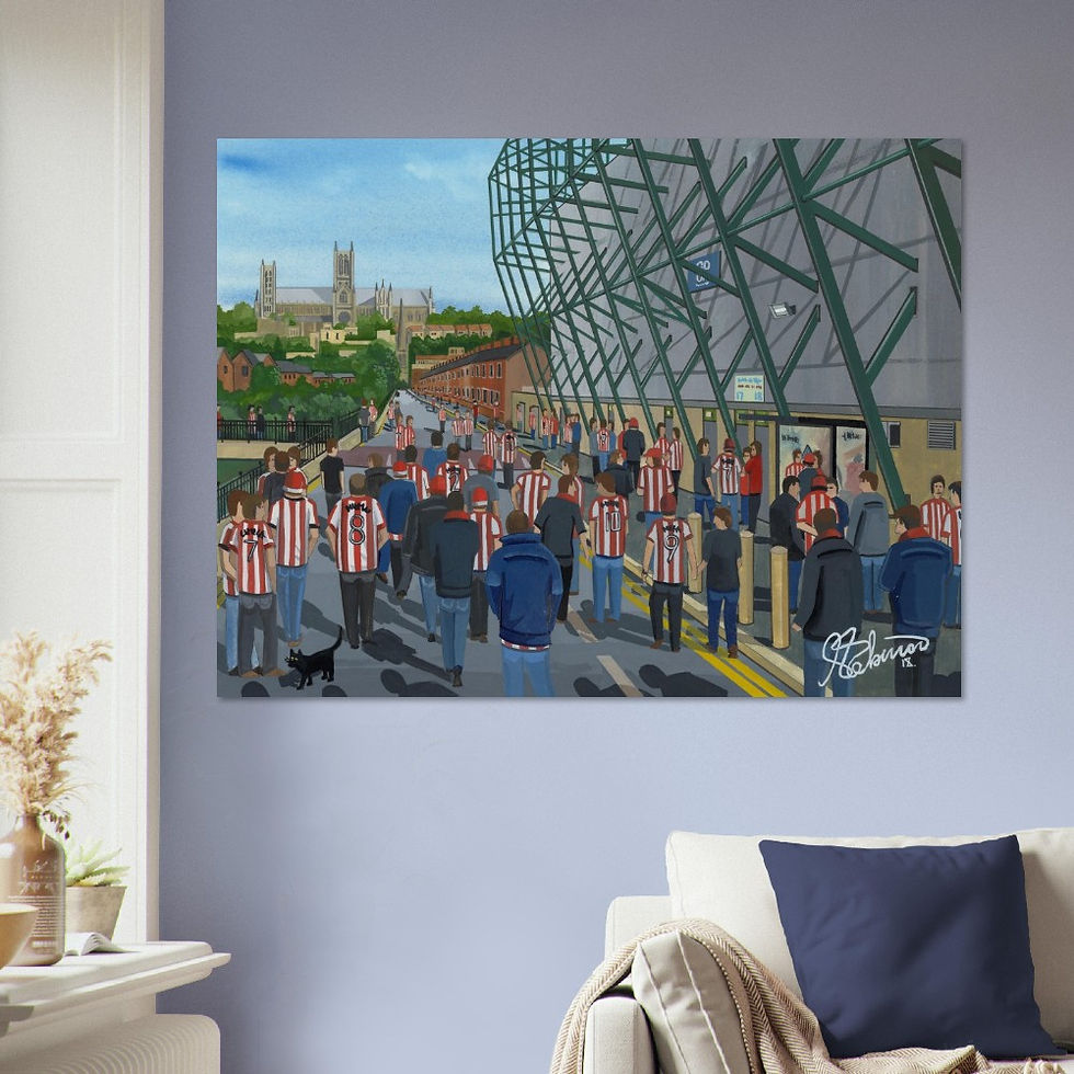 Thumbnail: Lincoln City FC Sincil Bank Football Stadium Scene by artist Andrew Robinson andrewrobinsonart.com. Available in fine art print, poster, canvas prints and mugs etc 
