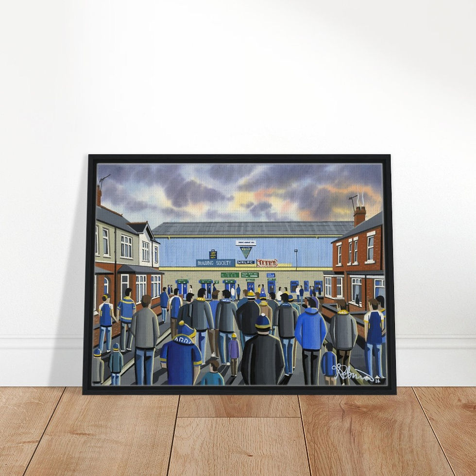Thumbnail: Warrington Wolves Rugby League Retro Wilderspool Stadium By Artist Andrew Robinson andrewrobinsonart.com, Andrew Robinson art .Framed Fine Art Prints, Posters, Canvas Prints, Framed canvas prints, Ceramic Mugs etc sport, football, rugby, NFL