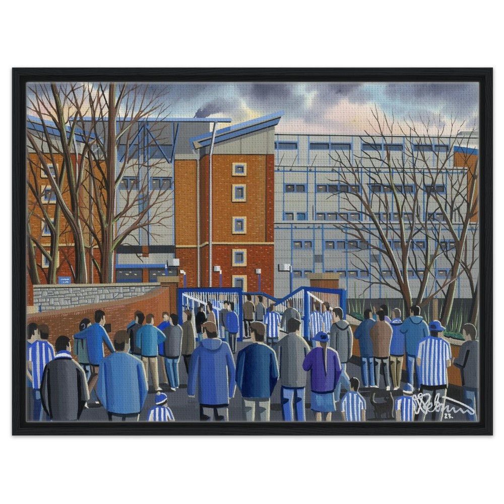 Sheffield Wednesday F.C Football Stadium By Artist Andrew Robinson andrewrobinsonart.com, Andrew Robinson art .Framed Fine Art Prints, Posters, Canvas Prints, Framed canvas prints, Ceramic Mugs etc sport, football, rugby, NFL