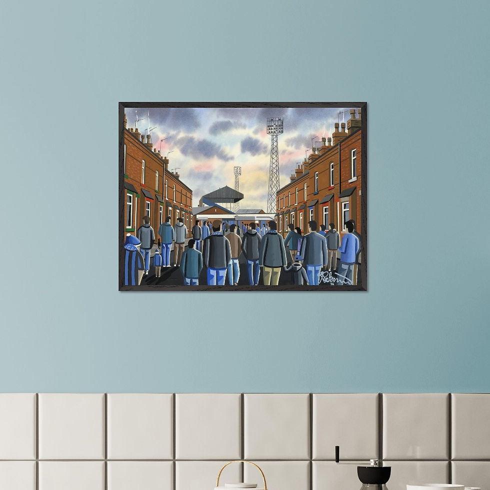 Thumbnail: Wigan Athletic F.C, Retro Springfield Park Stadium By Artist Andrew Robinson andrewrobinsonart.com, Andrew Robinson art .Framed Fine Art Prints, Posters, Canvas Prints, Framed canvas prints, Ceramic Mugs etc sport, football, rugby, NFL