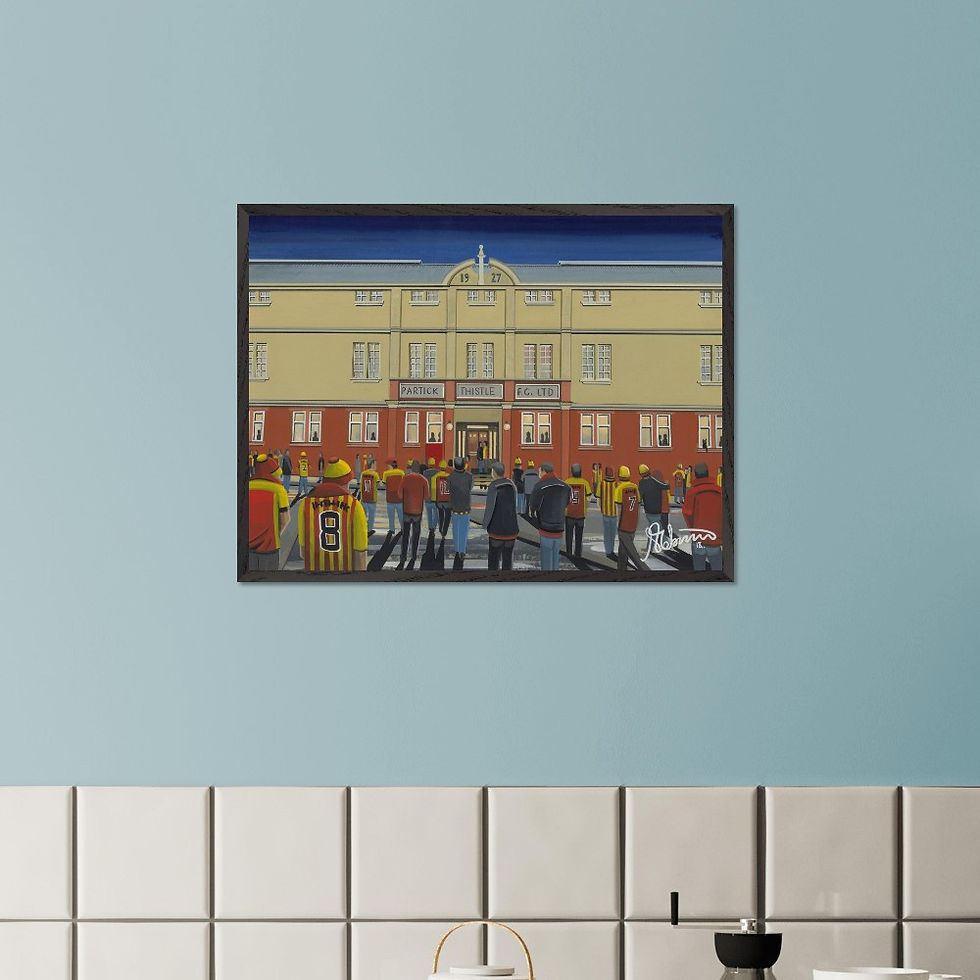 Thumbnail: Partick Thistle FC Firhill football stadium scene by artist Andrew Robinson andrewrobinsonart.com. Available in fine art print, poster, canvas prints and mugs etc 
