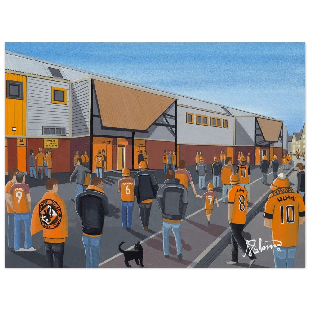 Dundee United FC Tannadice Park football stadium scene by artist Andrew Robinson andrewrobinsonart.com. Available in fine art print, poster, canvas prints and mugs etc 
