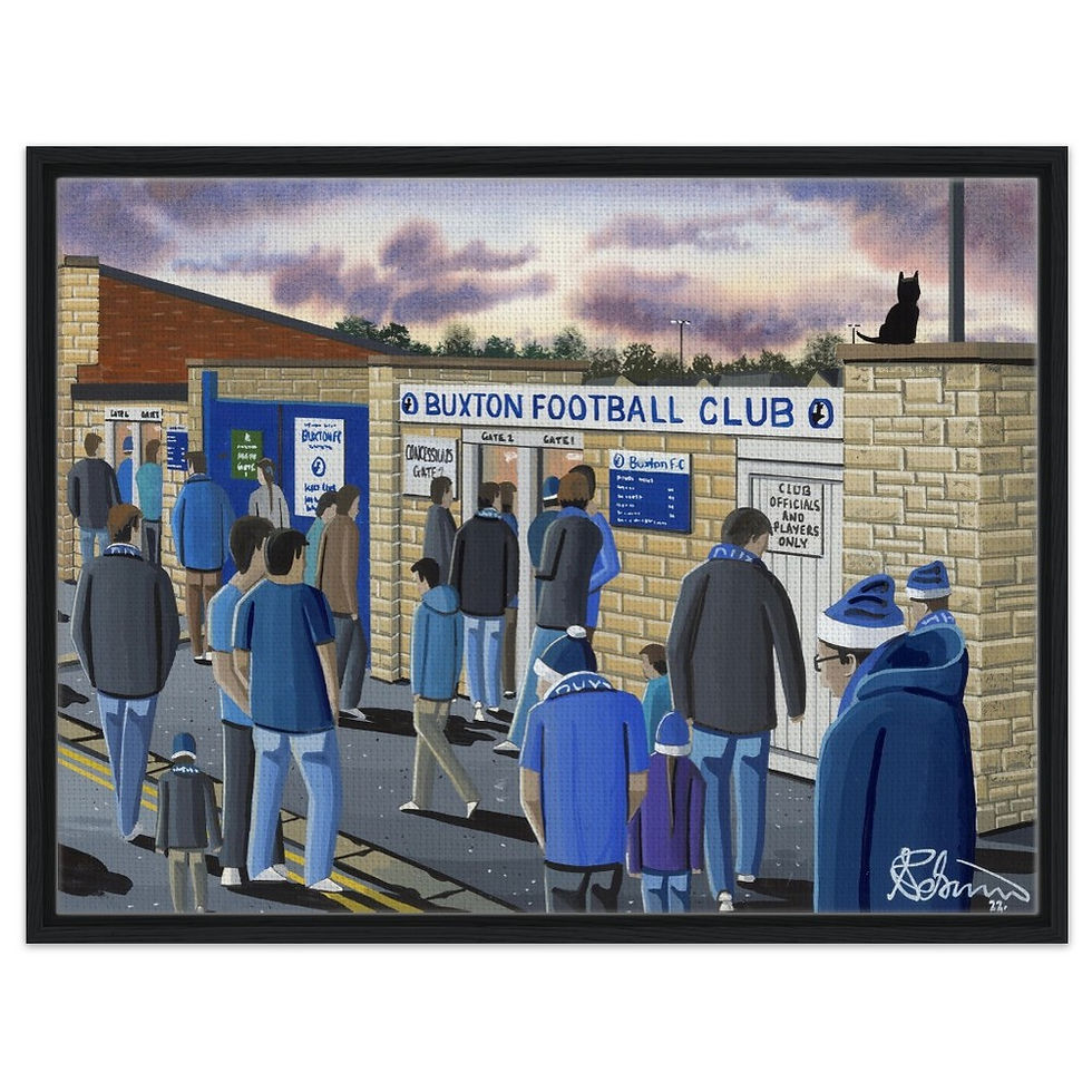 Thumbnail: Buxton F.C Silverlands Stadium. Football Framed Canvas Print. Ceramic Mugs, Fine Art Prints and posters etc By Artist Andrew Robinson. andrewrobinsonart.com