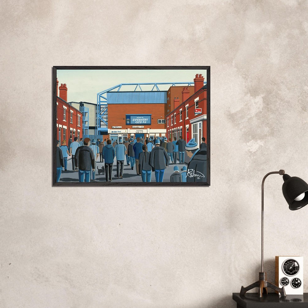 Thumbnail: Coventry City FC retro Highfield Road football stadium scene by artist Andrew Robinson andrewrobinsonart.com. Available in fine art print, poster, canvas prints and mugs etc 
