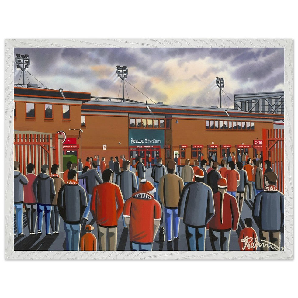 Thumbnail: Walsall FC Bescot football stadium scene by artist Andrew Robinson andrewrobinsonart.com. Available in fine art print, poster, canvas prints and mugs etc 