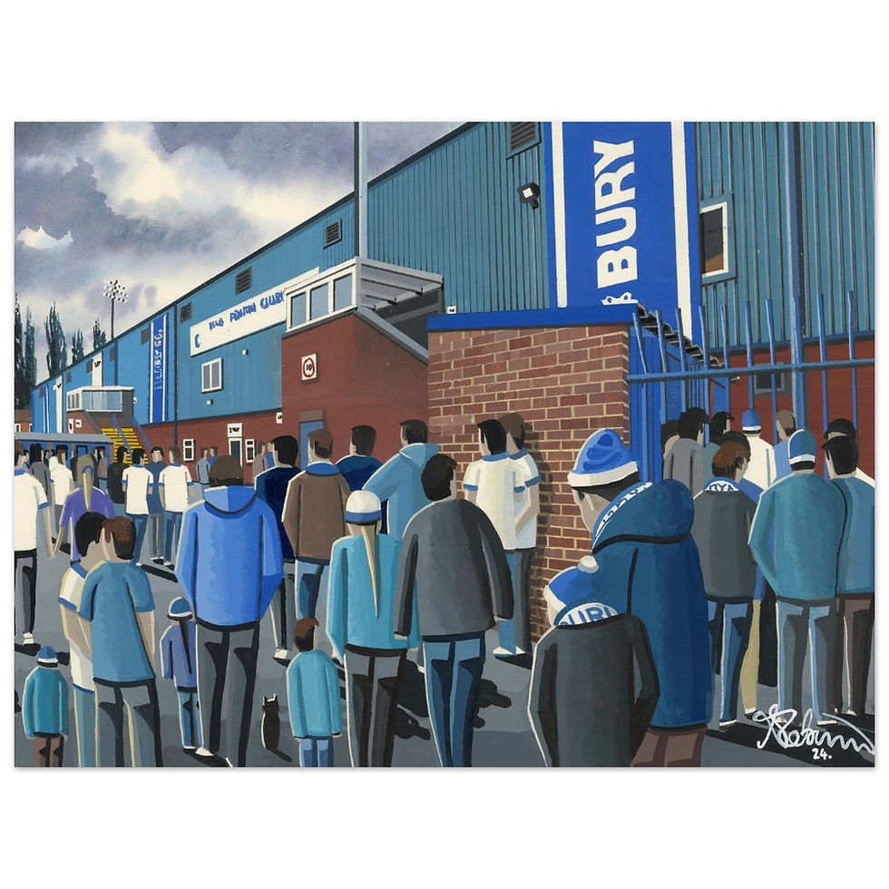 Thumbnail: Bury FC Gigg Lane football stadium scene by artist Andrew Robinson andrewrobinsonart.com. Available in fine art print, poster, canvas prints and mugs etc 