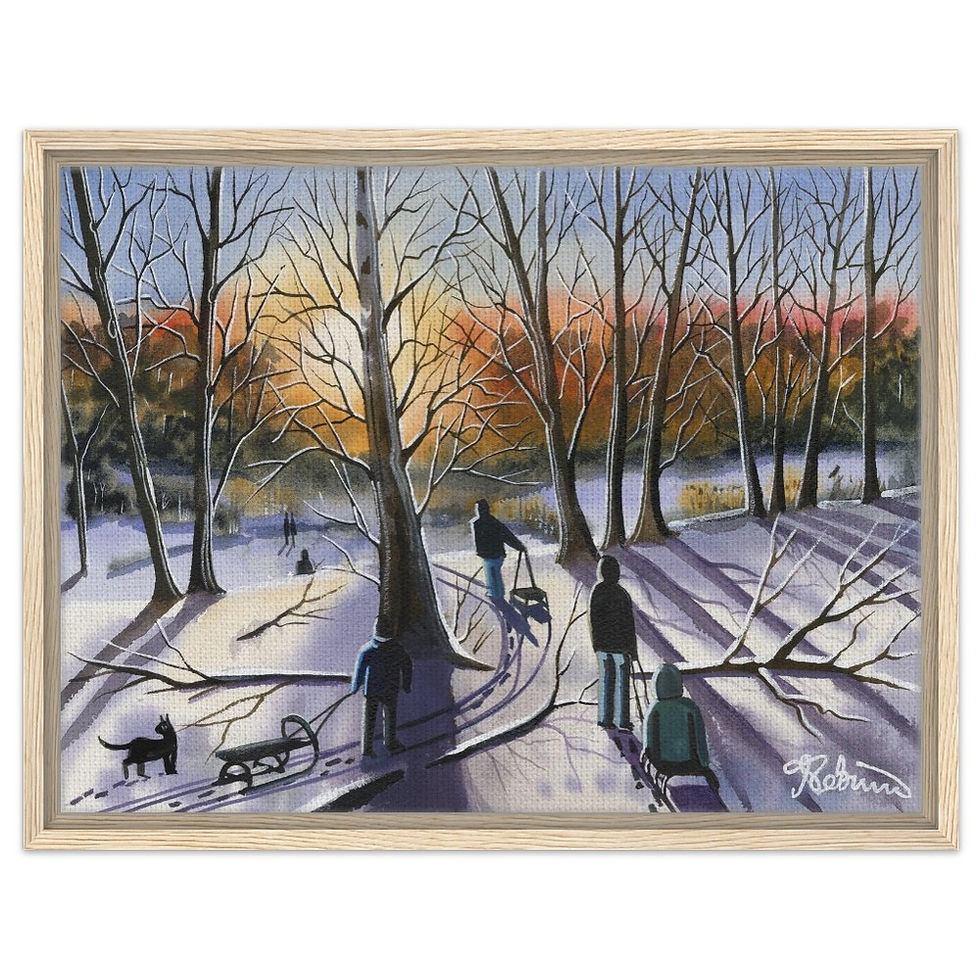 Thumbnail: Sledging at Old St Ives Old Golf Course, Cambridgeshire snow winter scene by artist Andrew Robinson andrewrobinsonart.com. Available in fine art print, poster, canvas prints and mugs etc