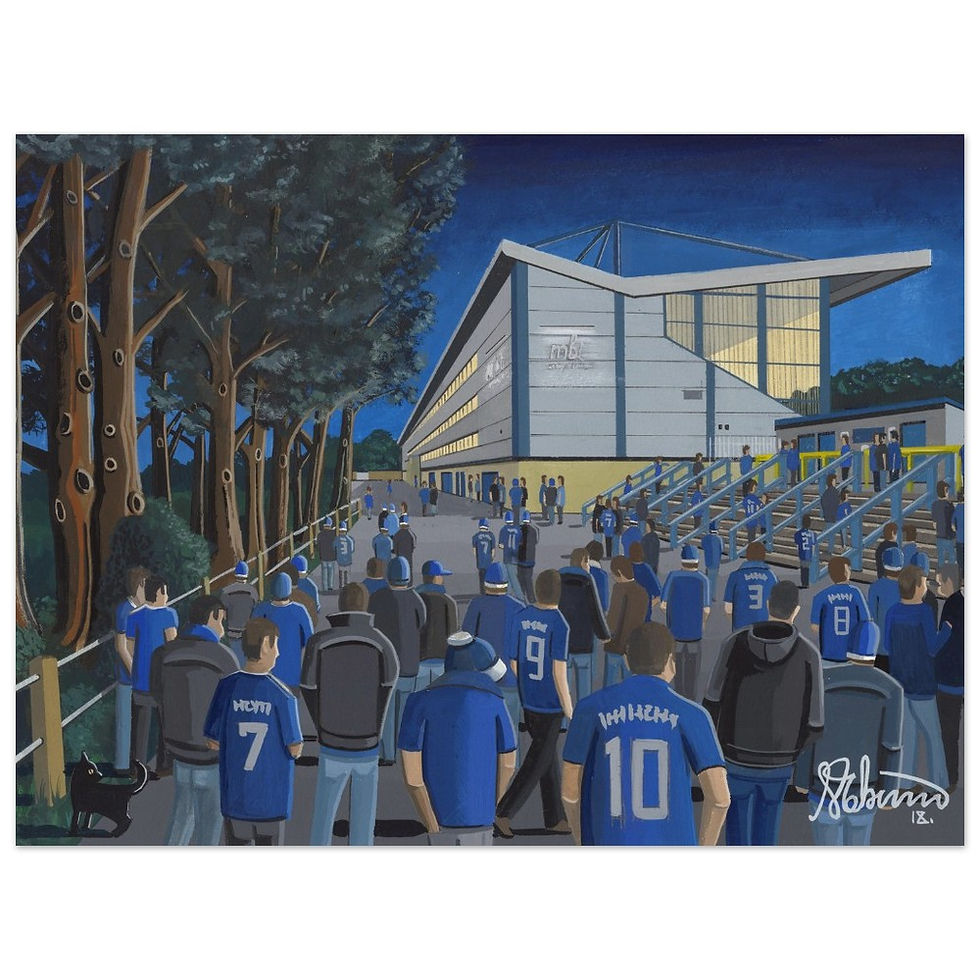 Thumbnail: Halifax Town FC The Shay Football  Stadium Scene by artist Andrew Robinson andrewrobinsonart.com. Available in fine art print, poster, canvas prints and mugs etc 