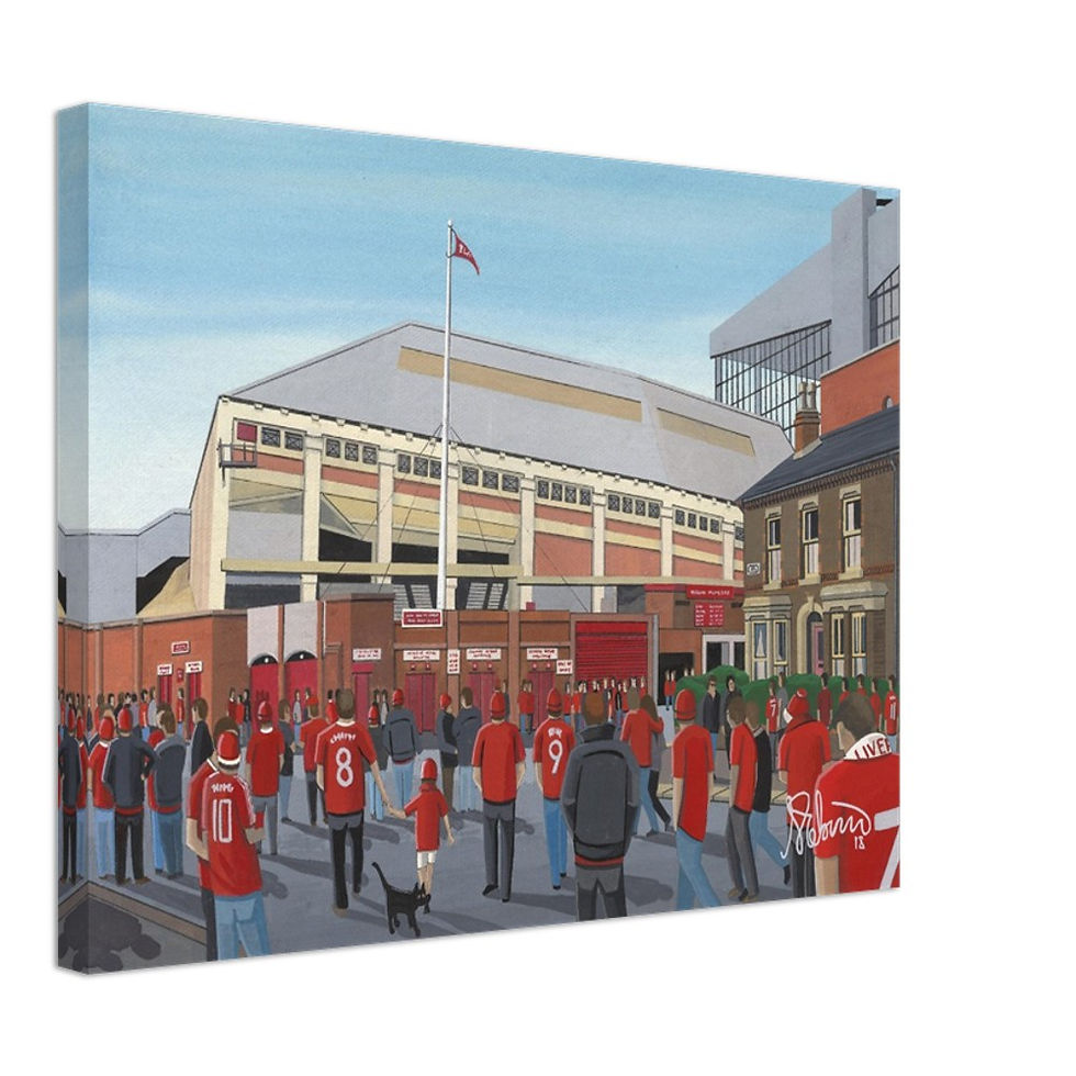 Liverpool F.C, Football  Stadium By Artist Andrew Robinson andrewrobinsonart.com, Andrew Robinson art .Framed Fine Art Prints, Posters, Canvas Prints, Framed canvas prints, Ceramic Mugs etc sport, football, rugby, NFL
