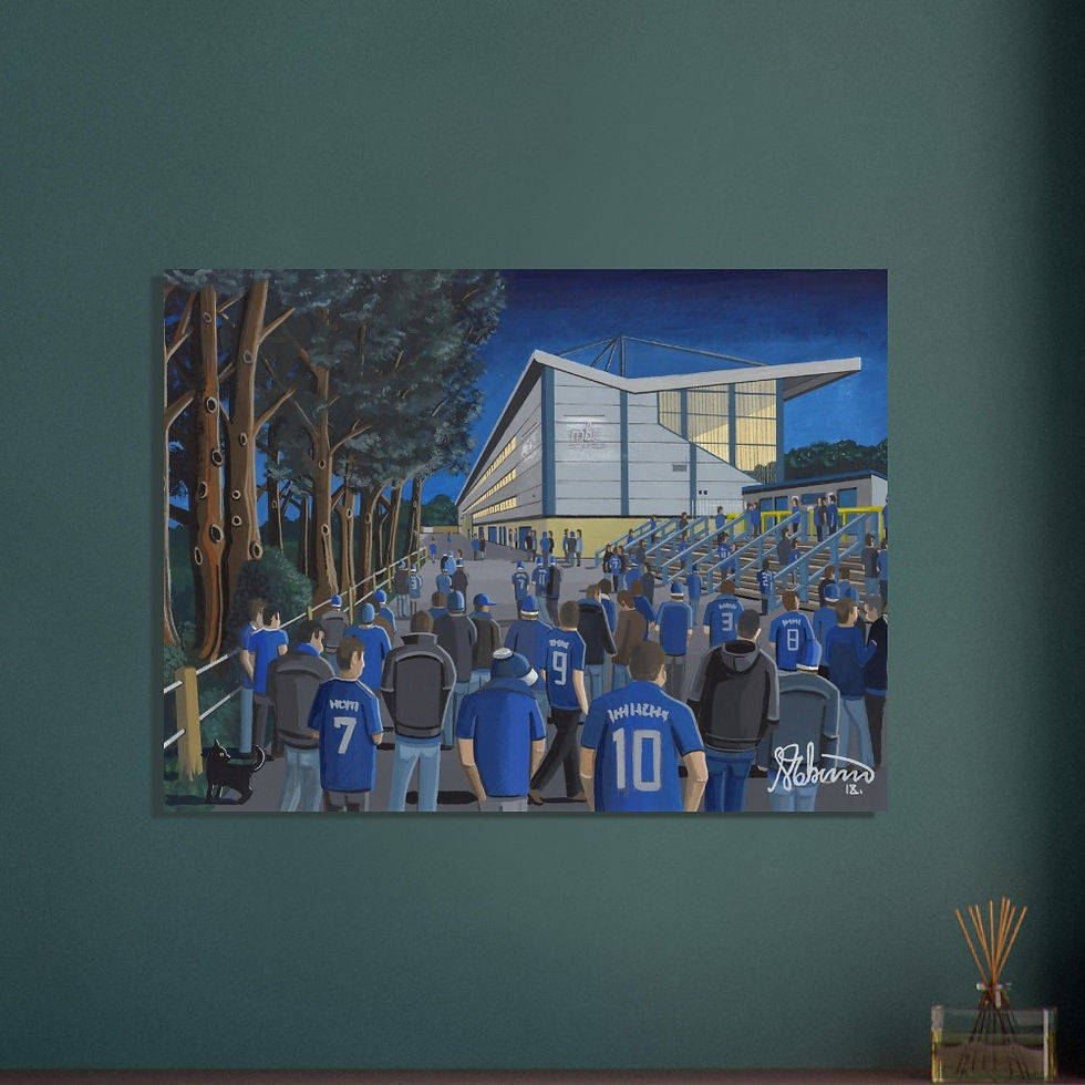Thumbnail: Halifax Town FC The Shay Football  Stadium Scene by artist Andrew Robinson andrewrobinsonart.com. Available in fine art print, poster, canvas prints and mugs etc 