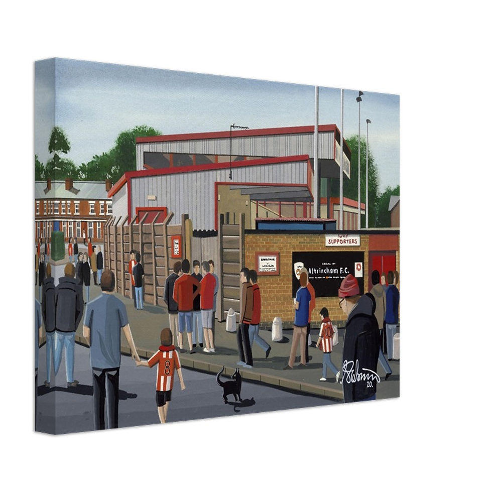 Thumbnail: Altrincham FC Moss Lane  football stadium scene by artist Andrew Robinson andrewrobinsonart.com. Available in fine art print, poster, canvas prints and mugs etc 