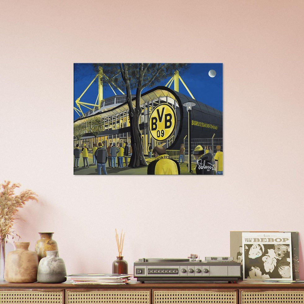 Thumbnail: Borussia Dortmund stadium By Artist Andrew Robinson andrewrobinsonart.com, Andrew Robinson art .Framed Fine Art Prints, Posters, Canvas Prints, Framed canvas prints, Ceramic Mugs etc sport, football, rugby, NFL