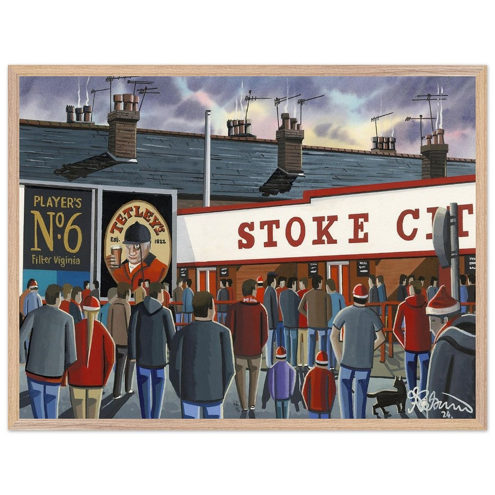 Thumbnail: Retro Stoke City Victoria Ground Stadium By Artist Andrew Robinson, Framed Fine Art  Prints, Posters, Canvas Prints, Framed canvas prints, Ceramic Mugs. andrewrobinsonart.com