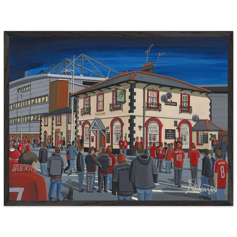 Wrexham AFC Racecourse Ground stadium scene by artist Andrew Robinson andrewrobinsonart.com. Available in fine art print, poster, canvas prints and mugs etc 