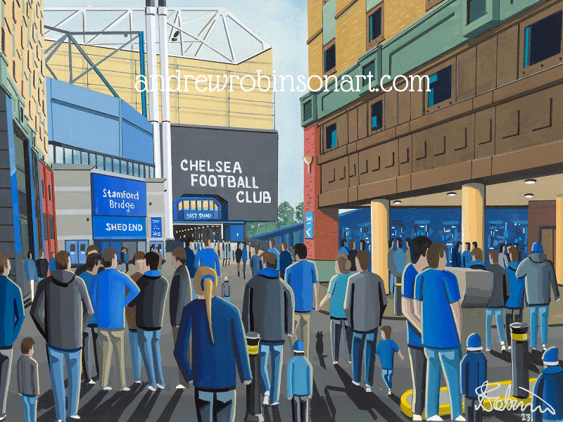 Thumbnail: Chelsea FC Stamford Bridge football stadium scene by artist Andrew Robinson andrewrobinsonart.com. Available in fine art print, poster, canvas prints and mugs etc 