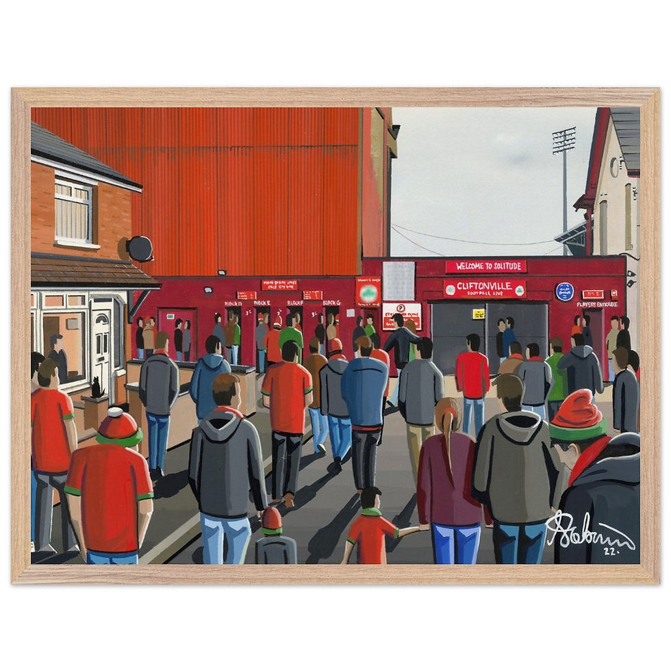 Thumbnail: Cliftonville FC Solitude football stadium scene by artist Andrew Robinson andrewrobinsonart.com. Available in fine art print, poster, canvas prints and mugs etc 