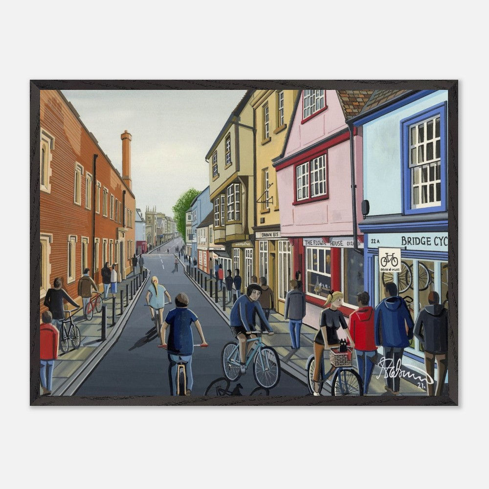 Magdalene Street Magdalene College, Cambridge, Cambridgeshire by artist Andrew Robinson andrewrobinsonart.com. Available in fine art print, poster, canvas prints and mugs etc