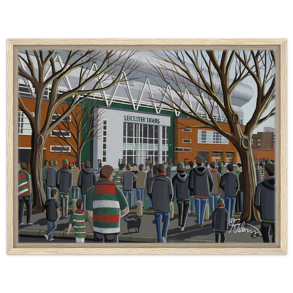 Thumbnail: leicester Tiger Rugby Union Welford Road Stadium. Available as a Fine Art Framed Print & Framed Canvas Print, Ceramic Mug, By Artist Andrew Robinson andrewrobinsonart.com