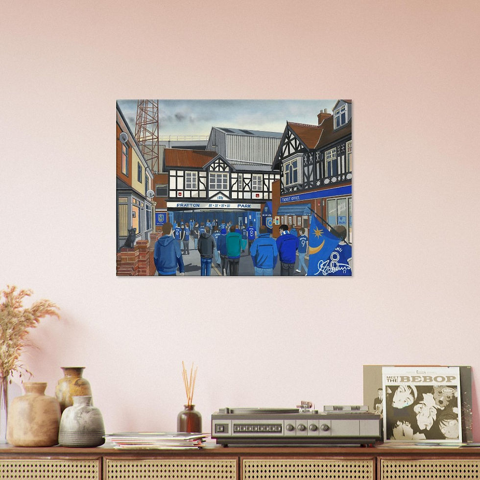 Thumbnail: Portsmouth F.C Stadium By Artist Andrew Robinson andrewrobinsonart.com, Andrew Robinson art .Framed Fine Art Prints, Posters, Canvas Prints, Framed canvas prints, Ceramic Mugs etc sport, football, rugby, NFL