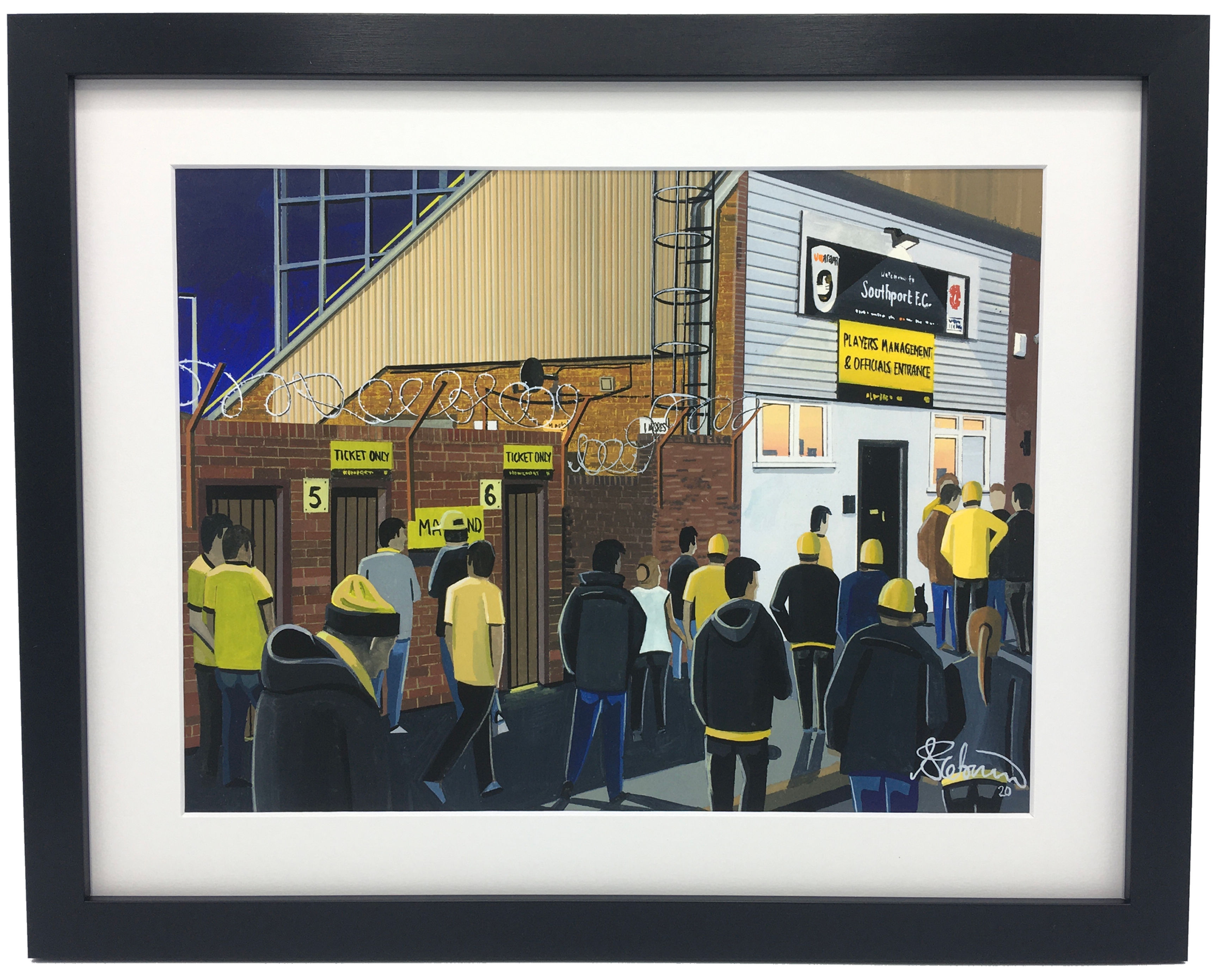 Southport FC Haig Avenue football stadium scene by artist Andrew Robinson andrewrobinsonart.com. Available in fine art print, poster, canvas prints and mugs etc