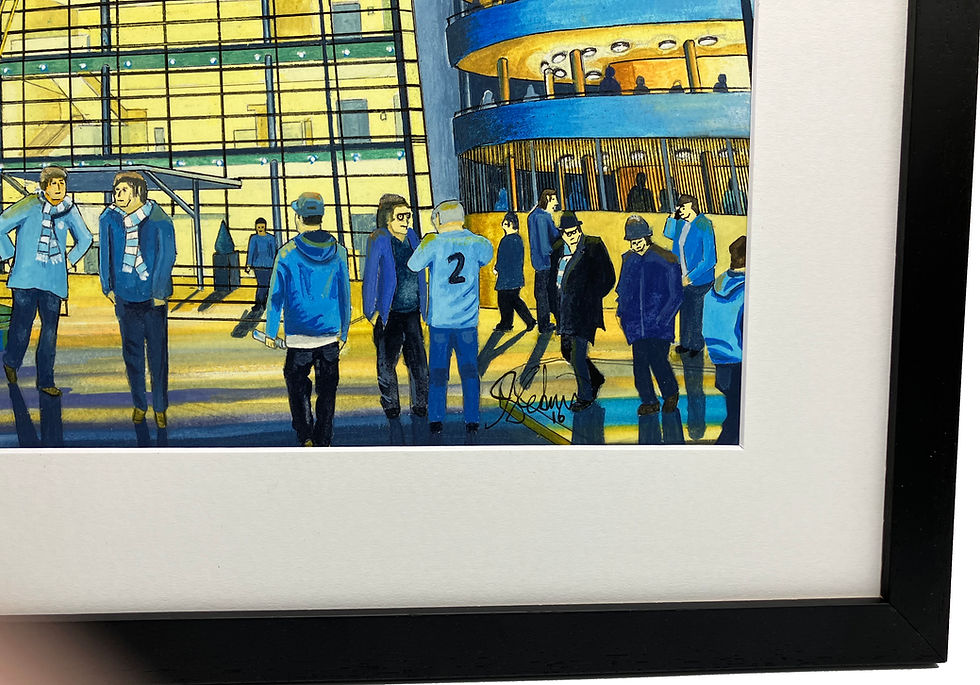 Thumbnail: Manchester City FC Etihad football stadium scene by artist Andrew Robinson andrewrobinsonart.com. Available in fine art print, poster, canvas prints and mugs etc 