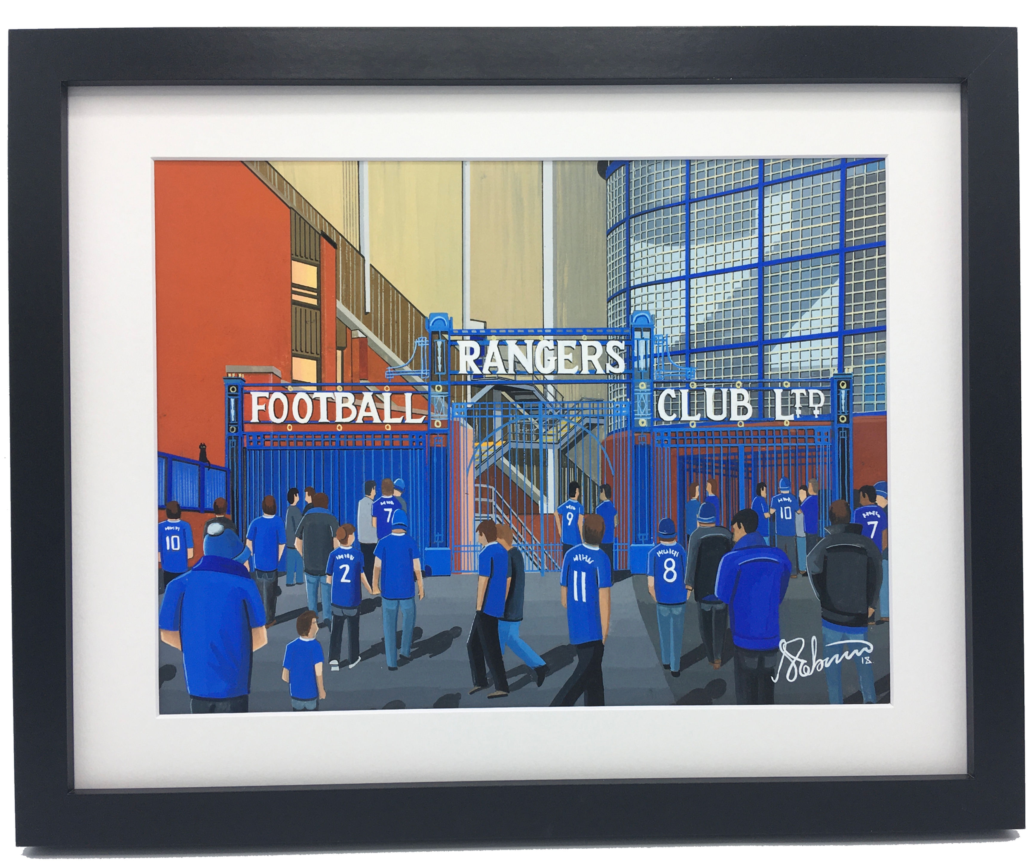 Rangers. Ibrox Football Stadium. Ready to hang framed & mounted art print. Ideal wall art football club F.C memorabilia gift for birthdays, Christmas, Father’s Day. Perfect addition to any home or office. By artist Andrew Robinson.