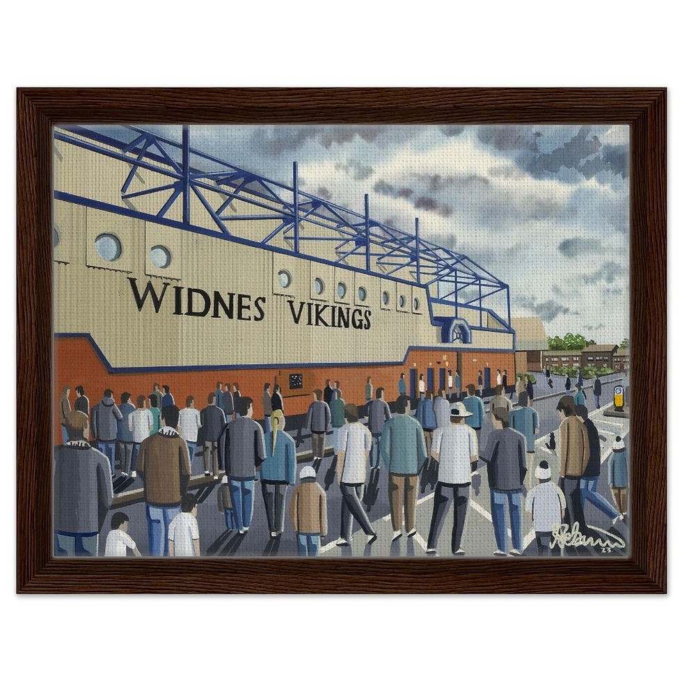 Thumbnail: Widnes Vikings Rugby League Stadium By Artist Andrew Robinson andrewrobinsonart.com, Andrew Robinson art .Framed Fine Art Prints, Posters, Canvas Prints, Framed canvas prints, Ceramic Mugs etc sport, football, rugby, NFL