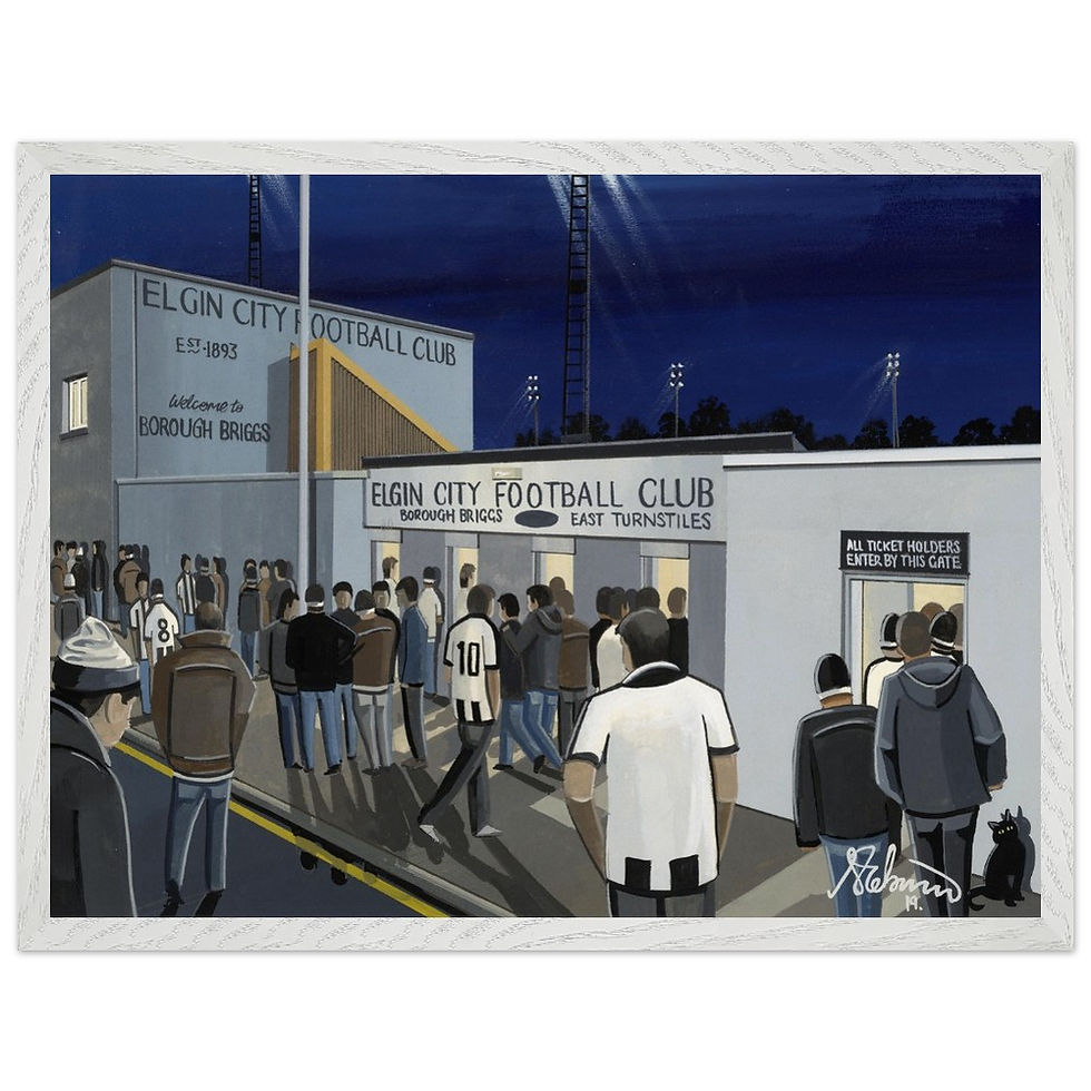 Thumbnail: Elgin City FC Borough Briggs football stadium scene by artist Andrew Robinson andrewrobinsonart.com. Available in fine art print, poster, canvas prints and mugs etc 