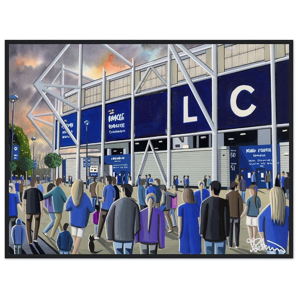 Leicester City FC King Power football stadium scene by artist Andrew Robinson andrewrobinsonart.com. Available in fine art print, poster, canvas prints and mugs etc