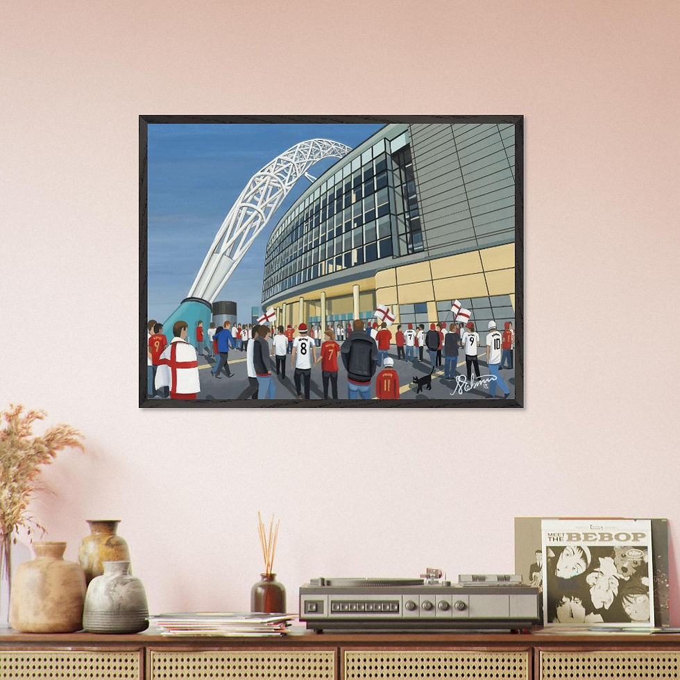 Thumbnail: Wembley England National Football  Stadium Scene by artist Andrew Robinson andrewrobinsonart.com. Available in fine art print, poster, canvas prints and mugs etc 